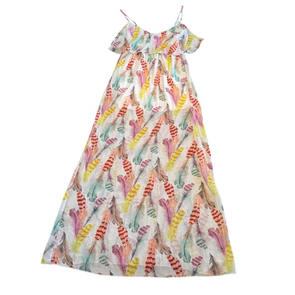 Karlie Maxi Dress Womens‎ Small Feather Print Sleeveless Ruffle Multicolor - Picture 1 of 7